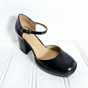 Crown Vintage Greeta Pumps Womens 7.5 Black Leather Chunky High Heel Shoes